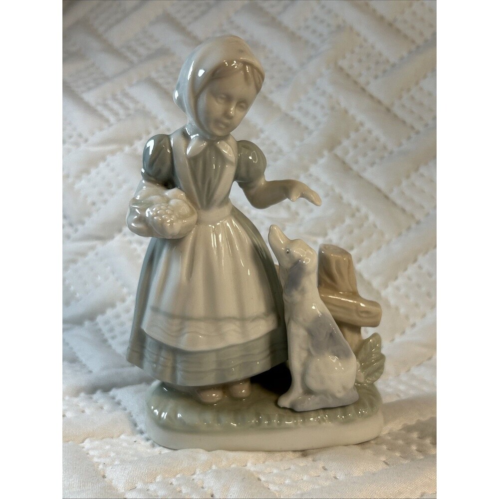 Vintage Porcelain Japan  Blue and White Dutch Girl with Dog Figurine Decor
